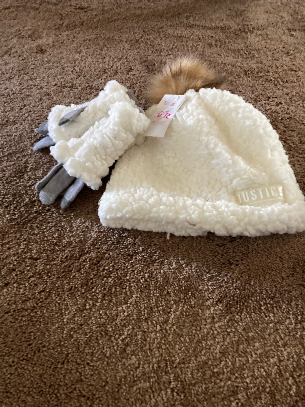 Justice Cream Sherpa Beanie & Gray-Accent Gloves with Faux-Fur Pom